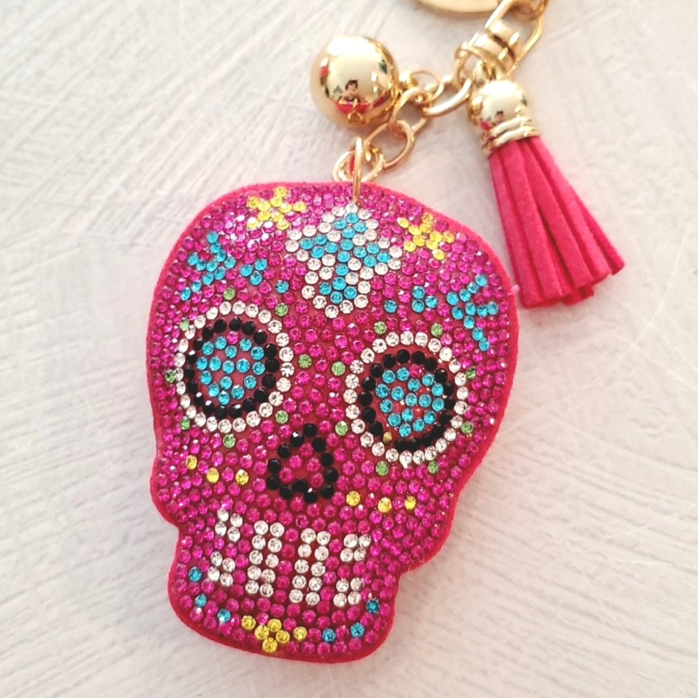 Pink sugar skull puffy keychain multicolored rhinestones ball tassel